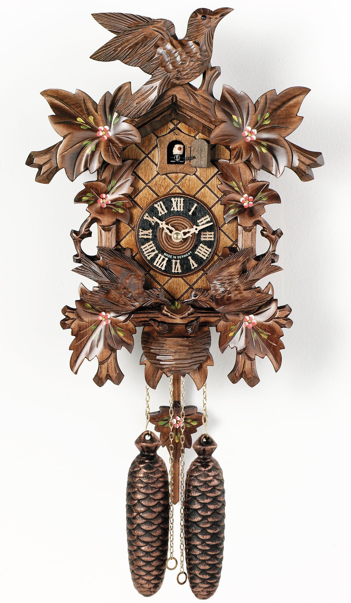 River City Clocks 16" Eight Day Cuckoo Clock with Hand-painted Flowers, Leaves, and Animated Birds Feeding Baby Birds
