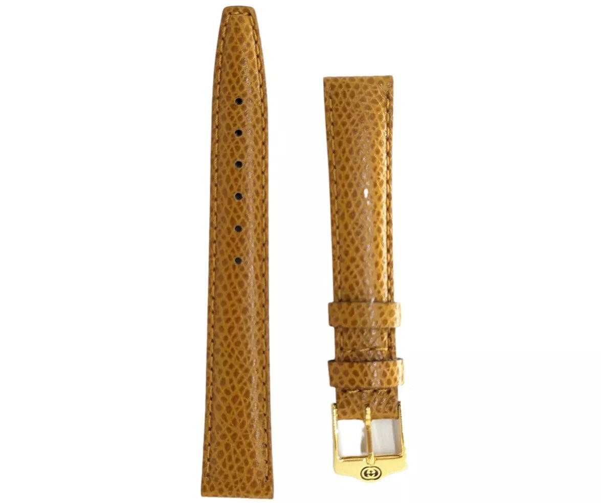 Tan Genuine Leather Gucci Alligator Grain Watch Band 14mm Gold Buckle