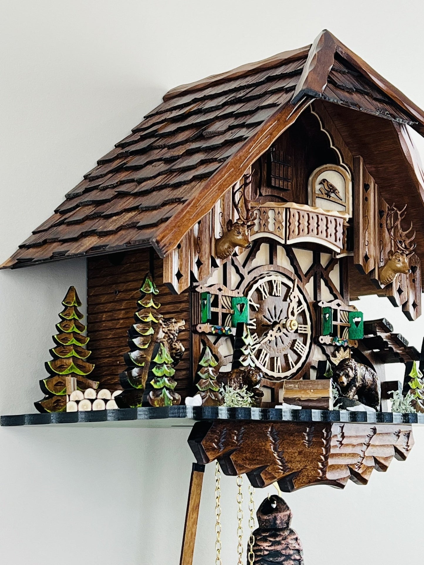 River City Clocks 17" Eight Day Cuckoo Clock Cottage with Bears and Pine Trees