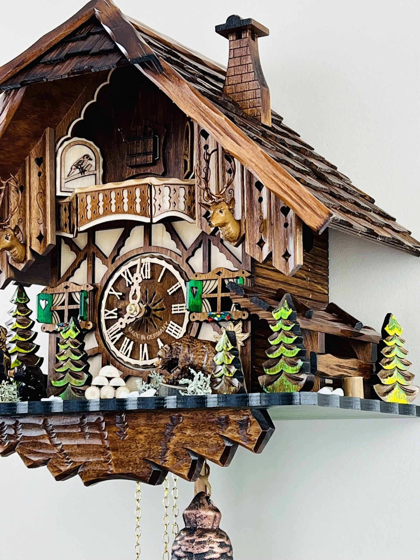 River City Clocks 17" Eight Day Cuckoo Clock Cottage with Bears and Pine Trees