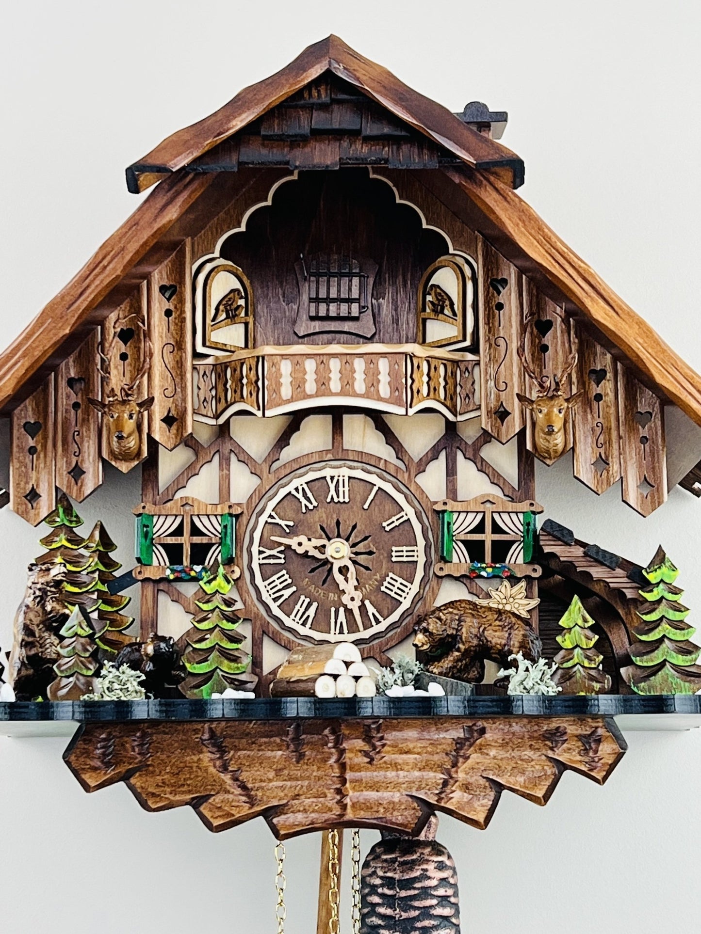 River City Clocks 17" Eight Day Cuckoo Clock Cottage with Bears and Pine Trees