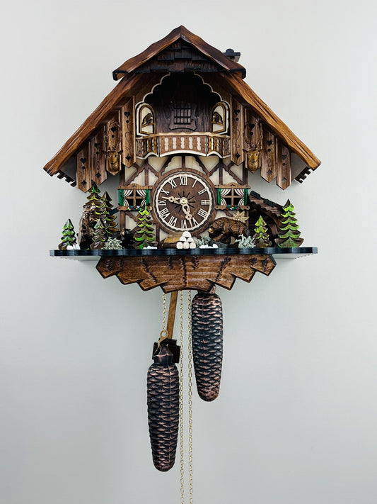 River City Clocks 17" Eight Day Cuckoo Clock Cottage with Bears and Pine Trees