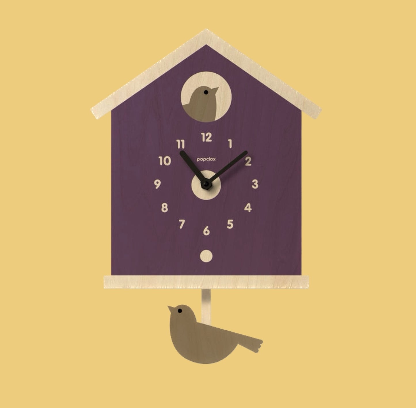 Popclox Purple Birdhouse Pendulum Clock