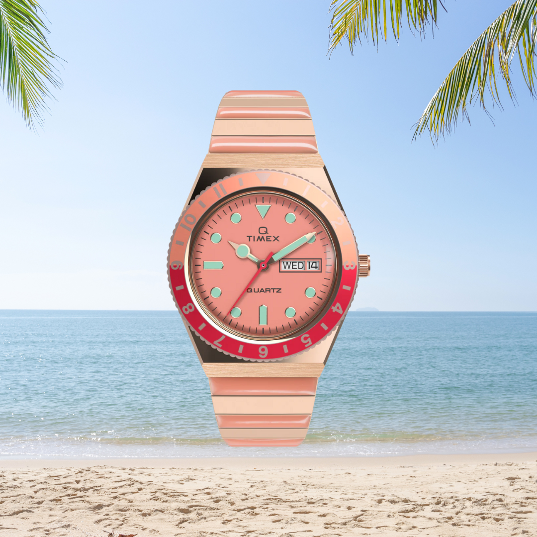 Timex Q Malibu 36mm Stainless Steel Expansion Band Watch Pink and Red