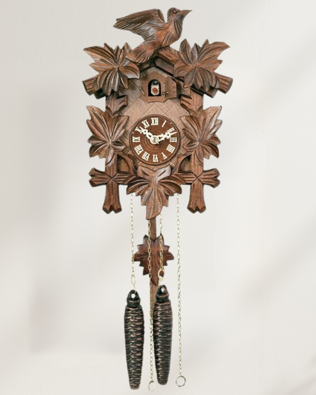 River City Clocks 9" One Day Hand-Carved Cuckoo Clock with Five Maple Leaves & One Bird - 11-09