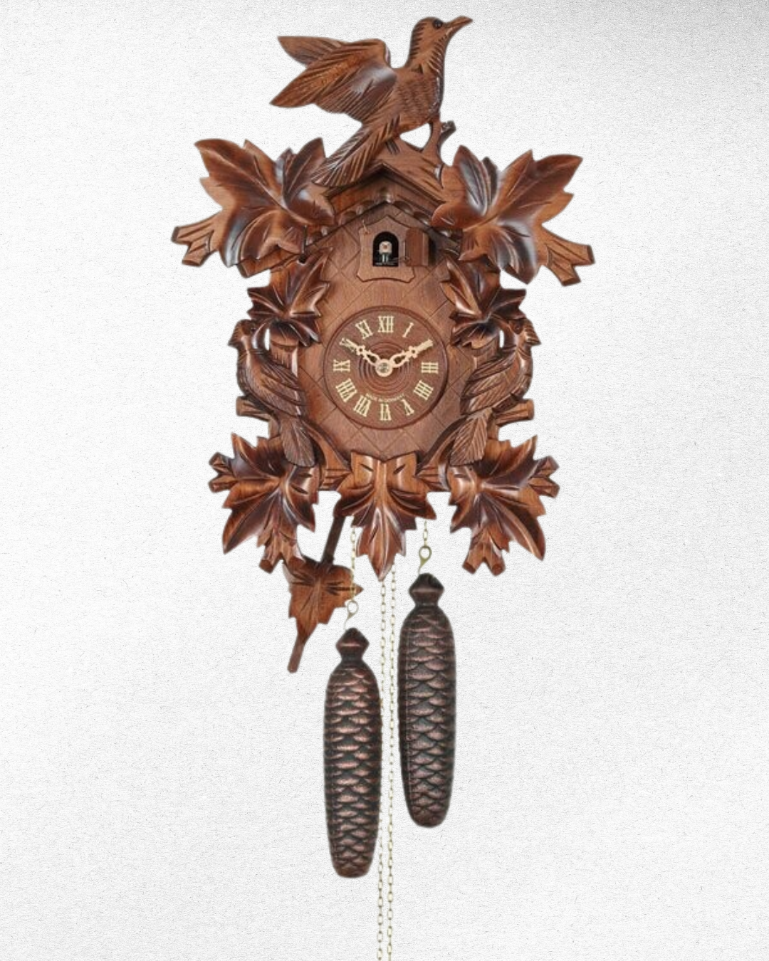 River City Clocks 16" Eight Day Cuckoo Clock with Three Hand-carved Birds and Seven Leaves