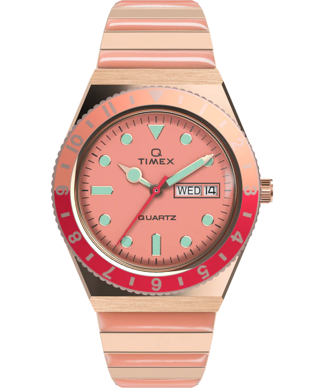 Timex Q Malibu 36mm Stainless Steel Expansion Band Watch Pink and Red