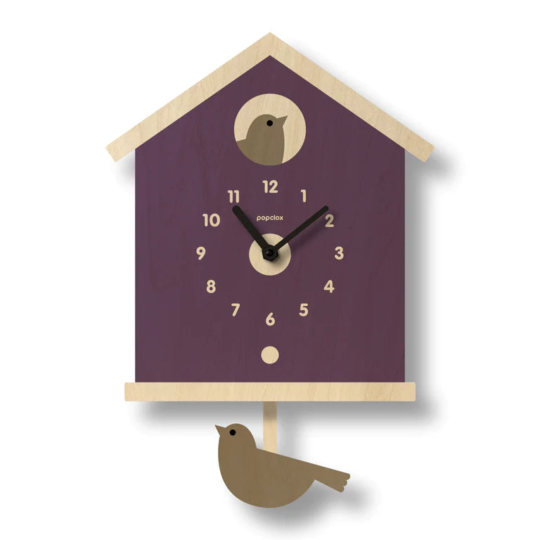 Popclox Purple Birdhouse Pendulum Clock