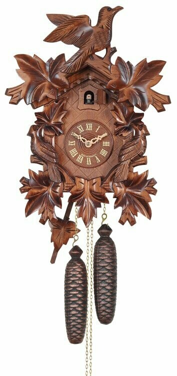 River City Clocks 16" Eight Day Cuckoo Clock with Three Hand-carved Birds and Seven Leaves