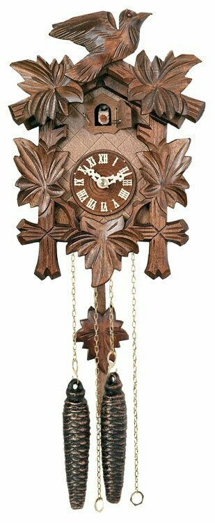 River City Clocks 9" One Day Hand-Carved Cuckoo Clock with Five Maple Leaves & One Bird - 11-09