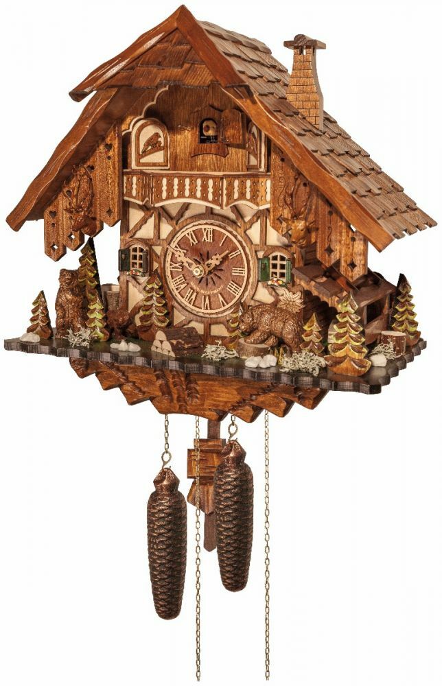 River City Clocks 17" Eight Day Cuckoo Clock Cottage with Bears and Pine Trees