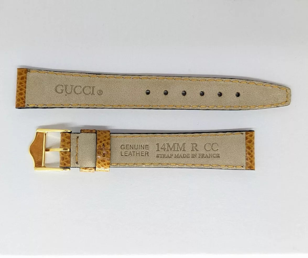 Tan Genuine Leather Gucci Alligator Grain Watch Band 14mm Gold Buckle